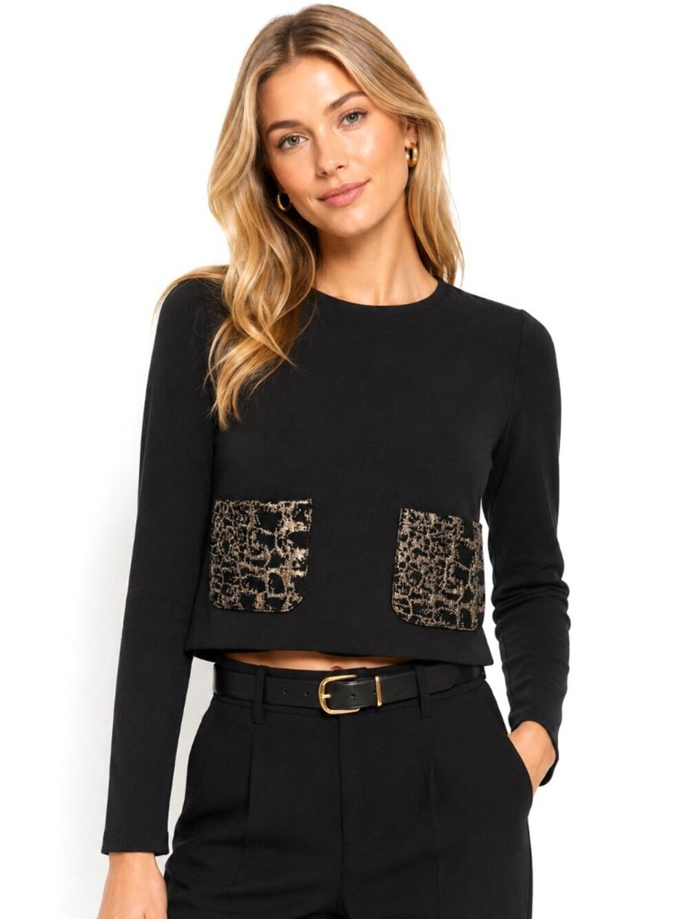 Maple & Cliff Black Gold Accent Pocket Crop Top